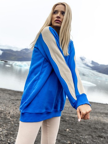 Niebiesko-beżowa długa dresowa bluza basic bez kaptura