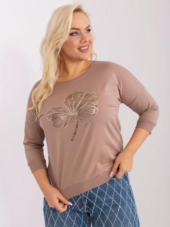 Ciemnobeżowa bawełniana bluzka plus size z rękawem 3/4