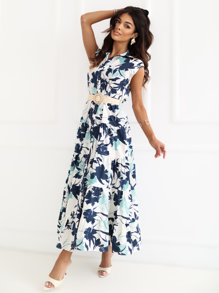 Granatowa sukienka szmizjerka z roślinnym wzorem