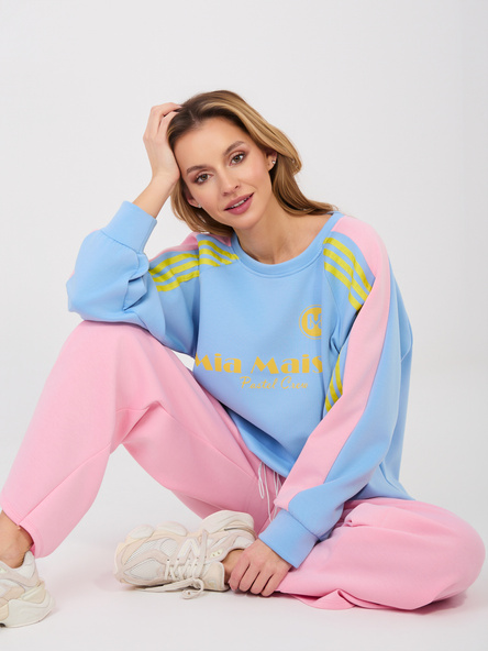 Różowo-niebieski dresowy komplet z napisem na bluzie RUE PARIS