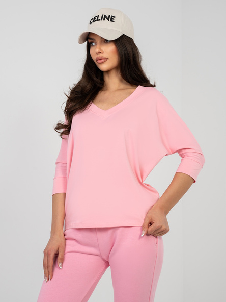 Pastelowa różowa bluzka basic z dekoltem V RUE PARIS