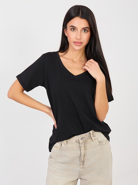 Czarny damski t-shirt basic z bawełny RUE PARIS