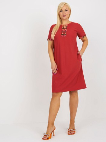 Bordowa bawełniana sukienka plus size z kieszeniami