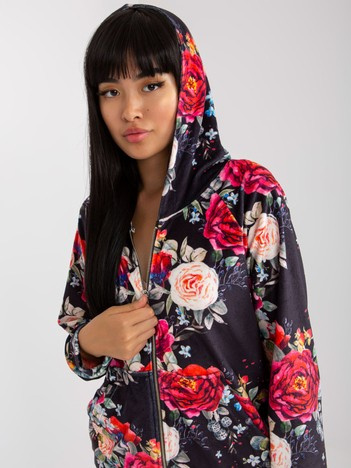 Czarna welurowa bluza rozpinana w kwiaty RUE PARIS