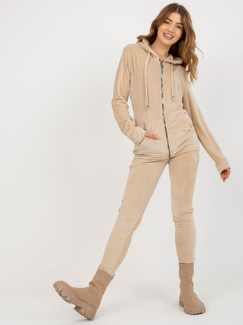 Beżowy damski komplet welurowy z bluzą rozpinaną