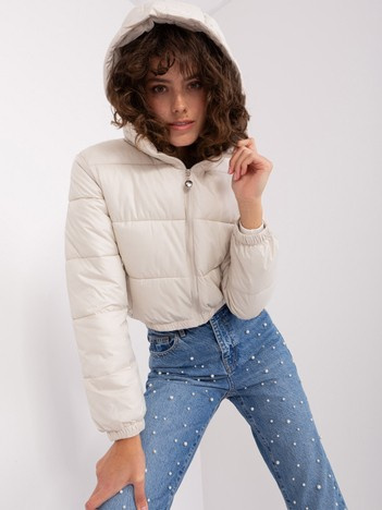 Jasnobeżowa krótka kurtka puchowa z kapturem