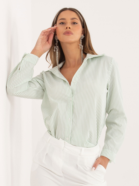 Pistacjowa klasyczna koszula damska w paski z kołnierzykiem