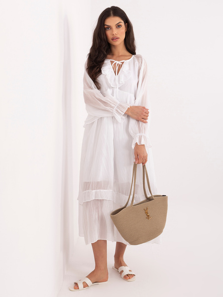 Biała długa sukienka z żabotem