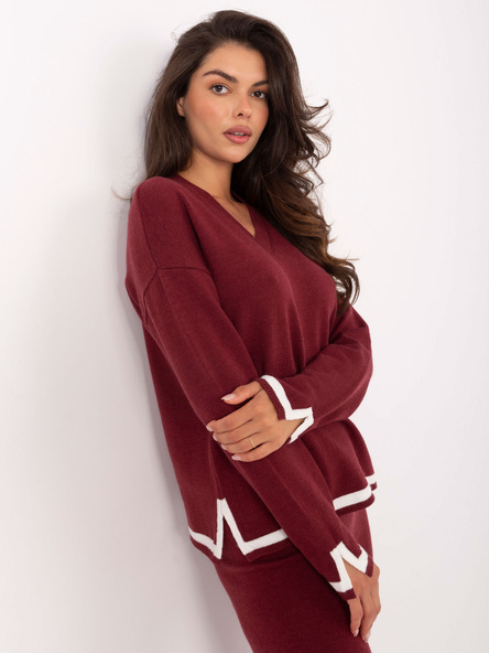 Bordowy dzianinowy komplet ze spodniami