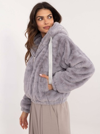 Szara futrzana kurtka damska z kapturem