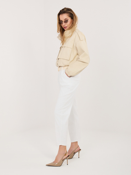 Ecru sztruksowe spodnie cygaretki z paskiem