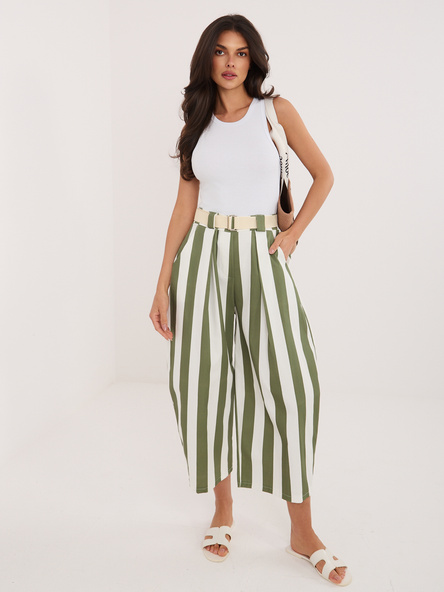 Ecru-khaki letnie kuloty w paski