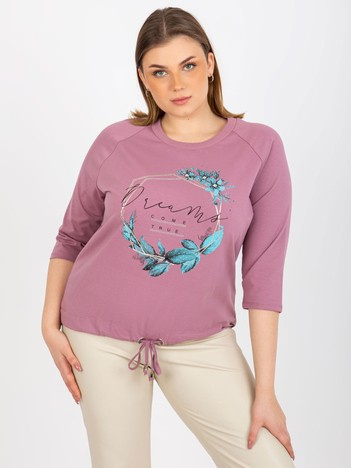 Brudnoróżowa bluzka plus size z nadrukiem i rękawem 3/4