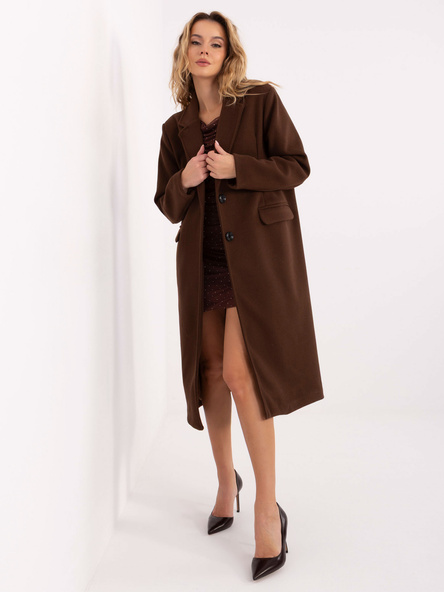 Ciemnobrązowy damski płaszcz o klasycznym kroju