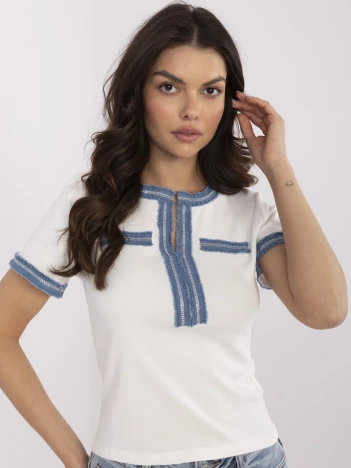 Ecru casualowa bluzka z jeansowymi wstawkami