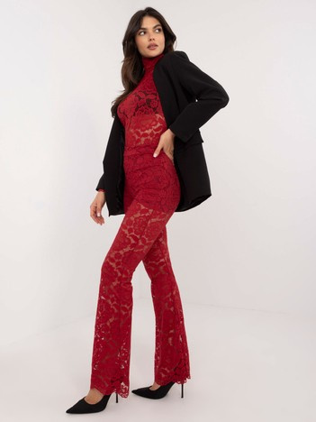 Czerwone wieczorowe spodnie dzwony z koronki