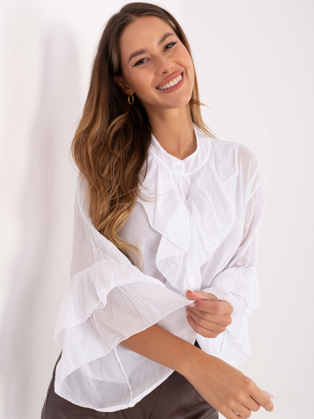 Biała elegancka koszula damska z żabotem i falbanami ITALY MODA