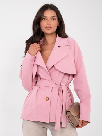 Jasnoróżowy przejściowy płaszcz z paskiem RUE PARIS