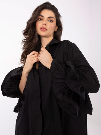 Czarna elegancka damska koszula oversize z falbanami przy rękawach