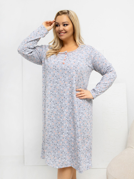 Szara nocna koszula damska plus size z bawełny w kwiaty