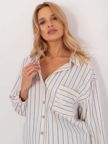 Kremowo-niebieska casualowa koszula z dekoltem V