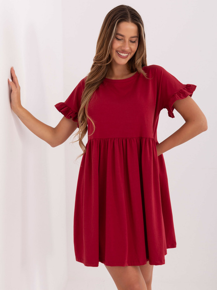 Bordowa sukienka z falbankami przy rękawach Marietta RUE PARIS