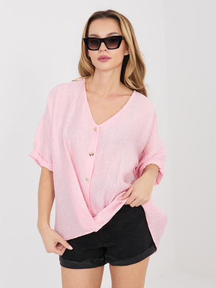 Jasnoróżowa damska bluzka z marszczonego materiału