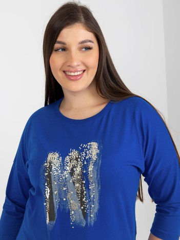 Ciemnoniebieska bluzka plus size z printem i aplikacją
