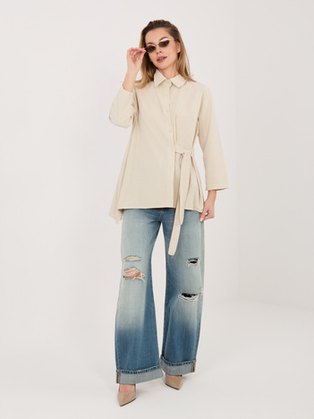 Beżowa sztruksowa koszula z wiązaniem RUE PARIS