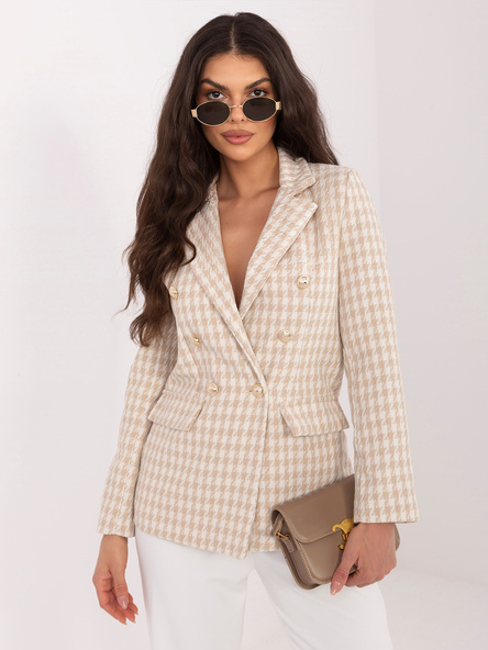 Beżowa tweedowa marynarka z dwurzędowym zapięciem