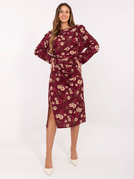 Bordowa midi sukienka z marszczeniem RUE PARIS