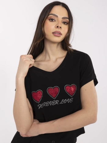 Czarny t-shirt z aplikacjami w kształcie serca