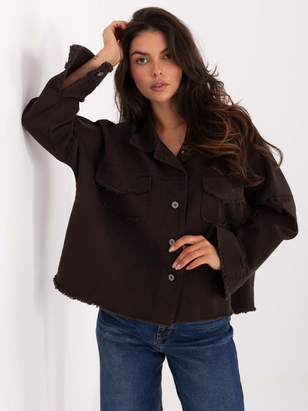 Ciemnobrązowa postrzępiona kurtka jeansowa RUE PARIS