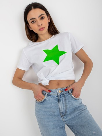 Biało-zielony bawełniany t-shirt z nadrukiem BASIC FEEL GOOD