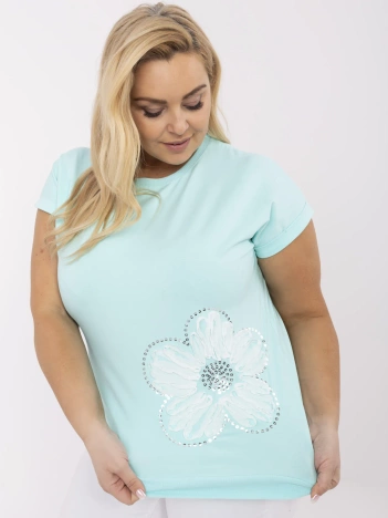 Miętowa bluzka plus size z kwiatową aplikacją