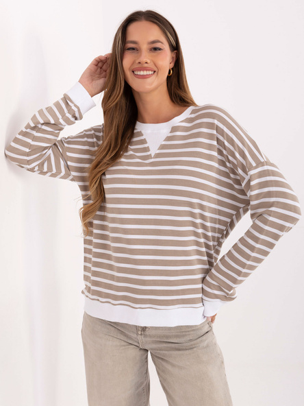 Ciemnobeżowo-biała bluzka oversize w paski