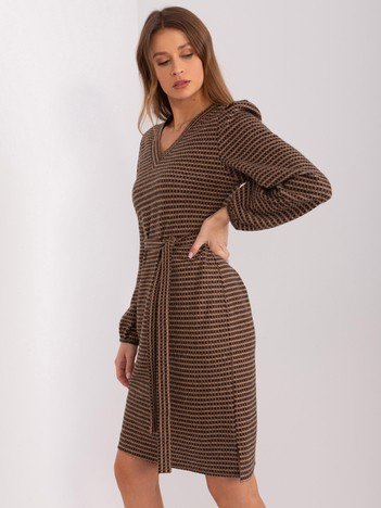 Camelowo-czarna sukienka na co dzień z wiązaniem