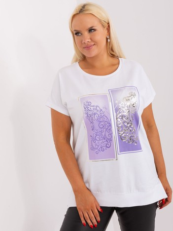 Biało-fioletowa bawełniana bluzka plus size z krótkim rękawem