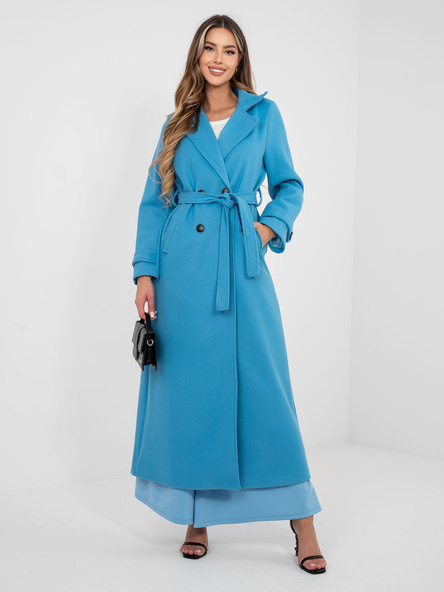 Niebieski długi płaszcz z wiązanym paskiem