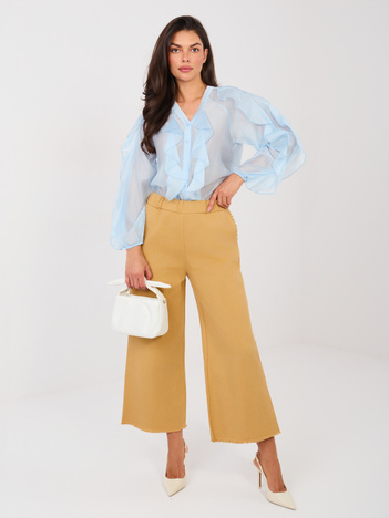 Camelowe jeansy wide leg bez zapięcia