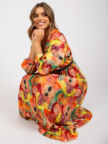 Pomarańczowa plisowana sukienka w kolorowe wzory