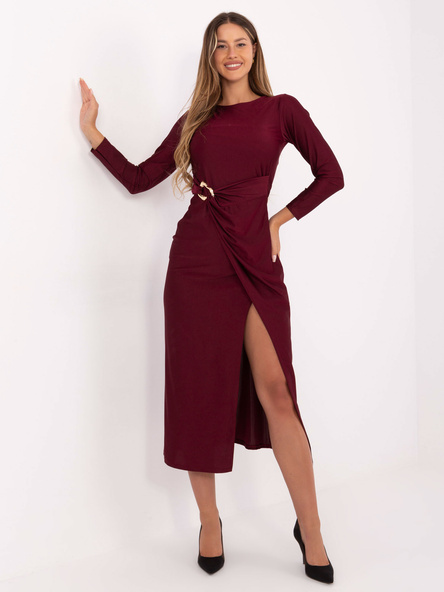 Bordowa midi sukienka z kopertowym dołem