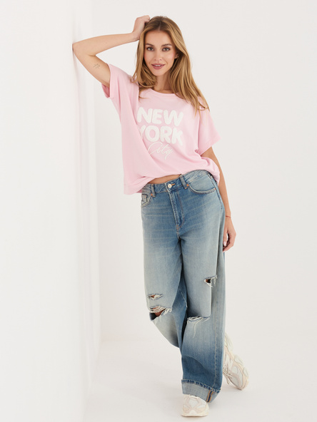 Jasnoróżowa damska bluzka z krótkim rękawem RUE PARIS