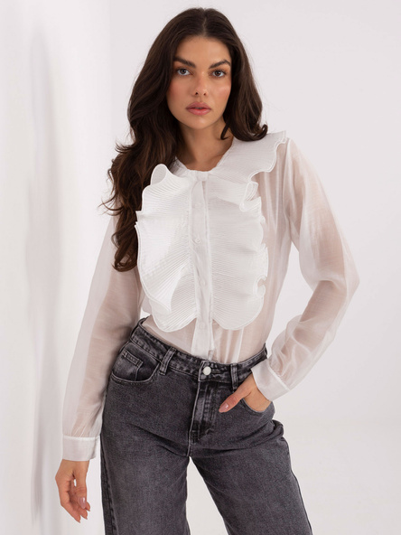 Biała elegancka koszula damska z okrągłym dekoltem i żabotem