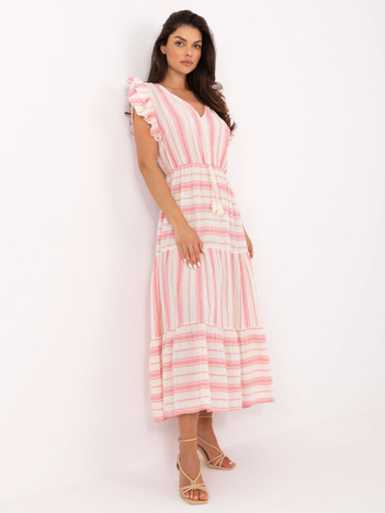 Ecru-różowa boho sukienka w paski OCH BELLA