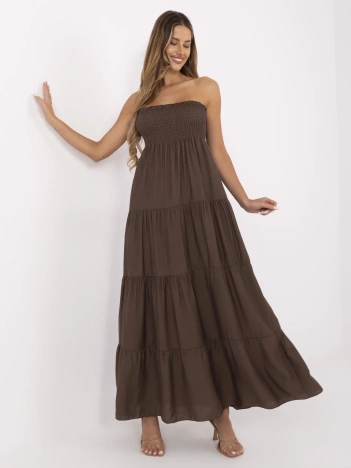 Brązowa rozkloszowana sukienka z falbaną