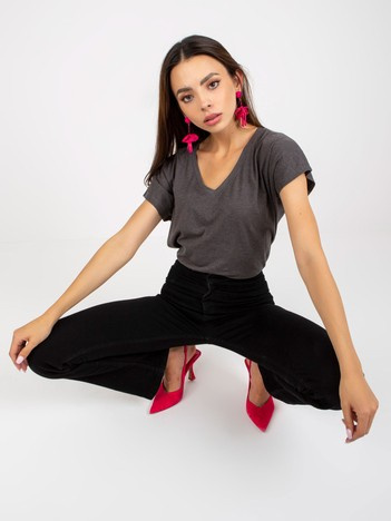 Ciemnoszary melanżowy t-shirt basic z dekoltem V