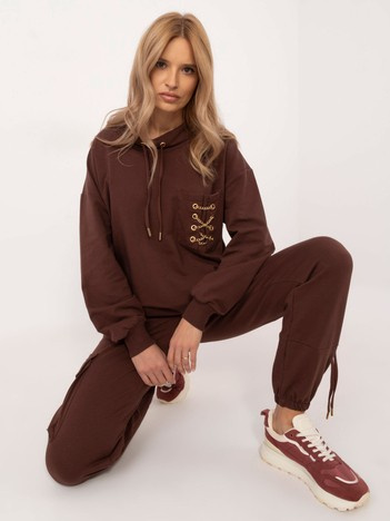 Brązowy dwuczęściowy komplet dresowy z kieszeniami