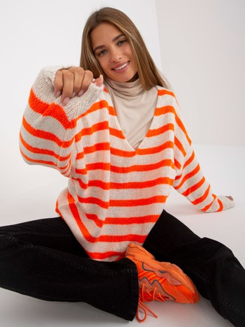 Biało-pomarańczowy sweter oversize w paski OCH BELLA