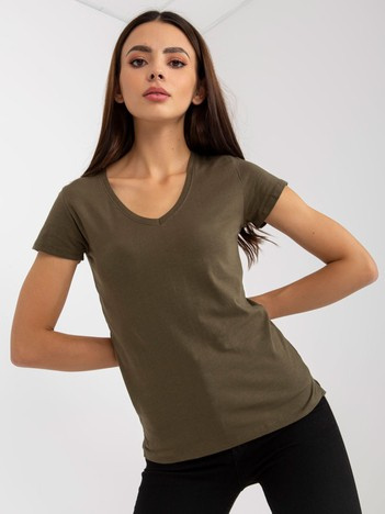 Khaki gładki t-shirt basic z dekoltem w serek